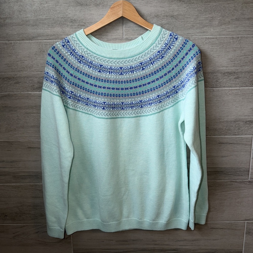 Talbots Fair Isle Nordic Lambswool Blend Sweater Women's Size Medium Blue White
